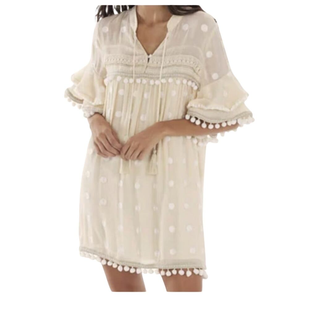 Allison off white pom‎ pom embroidered polka dot ruffle shirt dress SIZE M